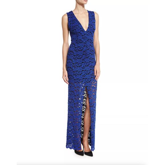 ALICE + OLIVIA Kahlo Lace Maxi Dress Slit Cobalt Blue Black Sz 4 NWT {XX39} - Picture 2 of 5